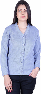 Ozarro Self Design V Neck Casual Women Blue Sweater