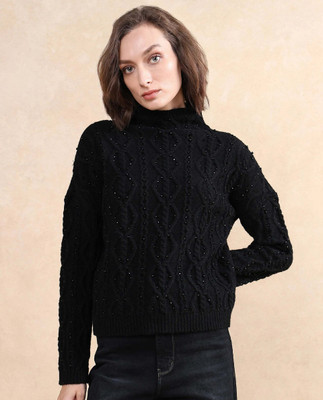 RAREISM Solid High Neck Casual Women Black Sweater