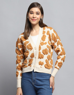 MONTE CARLO Self Design V Neck Casual Women White, Yellow Sweater