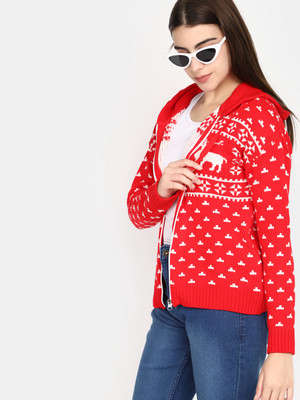 V-MART Self Design Collared Neck Casual Women Red, Red Sweater