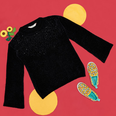 Pantaloons Junior Embroidered Round Neck Casual Girls Black Sweater