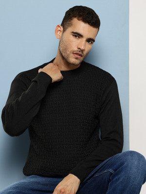 MUHURATAM Self Design Round Neck Casual Men Black Sweater