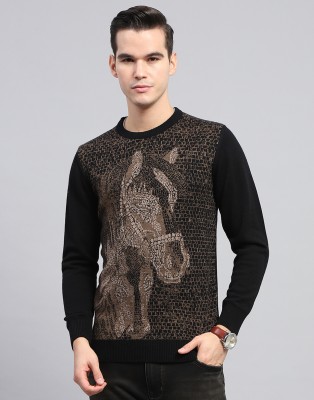 MONTE CARLO Self Design Round Neck Casual Men Black Sweater