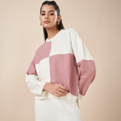 Akkriti by Pantaloons Colorblock Round Neck Casual Women Pink Sweater