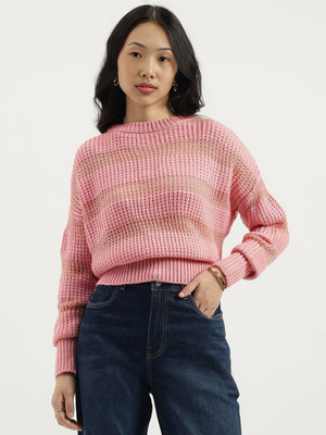 United Colors of Benetton Striped Round Neck Casual Women Pink Sweater