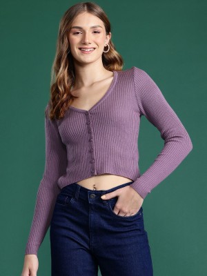 Dressberry Solid V Neck Casual Women Purple Sweater