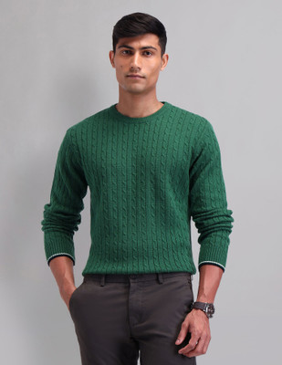 AD by Arvind Self Design Round Neck Casual Men Green Sweater