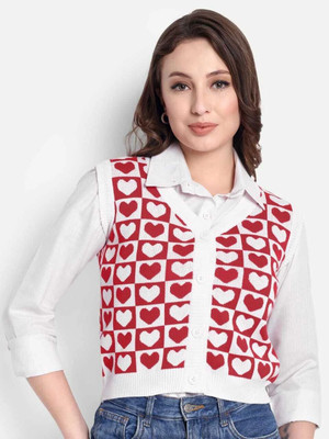 Aarnits Printed V Neck Casual Women White, Red Sweater