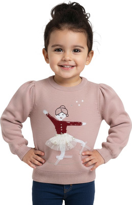Yellow Apple Self Design Round Neck Casual Girls Pink Sweater