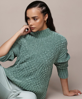 Roadster Striped Turtle Neck Casual Women Green Sweater