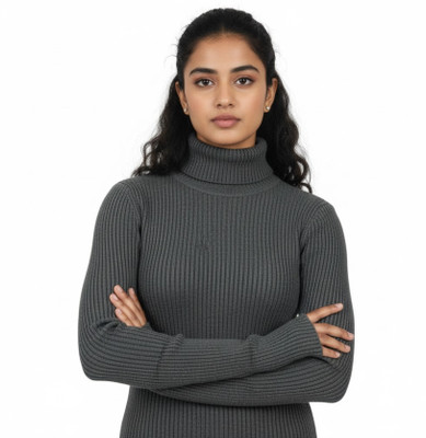 I Bar Solid Turtle Neck Casual Women Grey Sweater