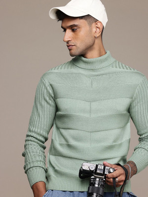 Roadster Self Design Turtle Neck Casual Men Green Sweater