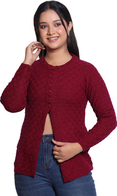 Varenyam Self Design Ruffle Neck Casual Women Purple Sweater