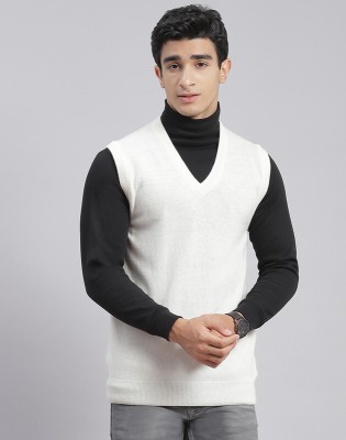 MONTE CARLO Solid V Neck Casual Men White Sweater
