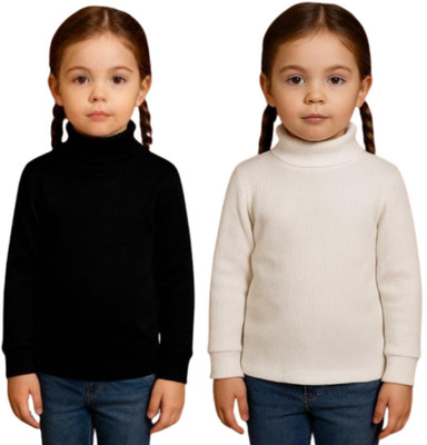 vaani Solid High Neck Casual Girls White, Black Sweater