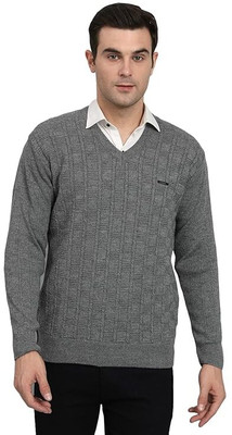 MUSKAN KNITWEAR Self Design V Neck Casual Men Blue Sweater