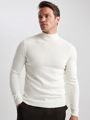 defacto Solid Turtle Neck Casual Men White Sweater