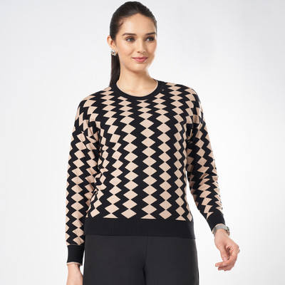 Annabelle by Pantaloons Geometric Print Round Neck Casual Women Black Sweater