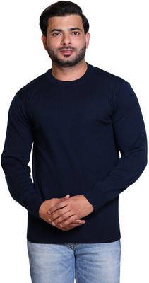 CAVARDI Solid Round Neck Casual Men Blue Sweater