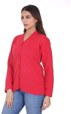 Shunit creation Self Design V Neck Lounge Wear Women Red Sweater