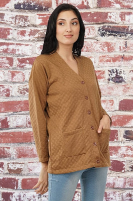 jorden4u Solid, Self Design V Neck Casual Women Beige Sweater