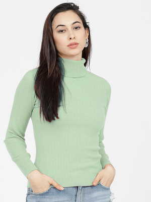Harbor N Bay Solid High Neck Casual Women Green Sweater
