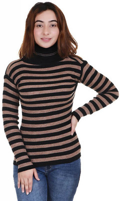 100LUCK Striped High Neck Casual Women Black, Beige Sweater