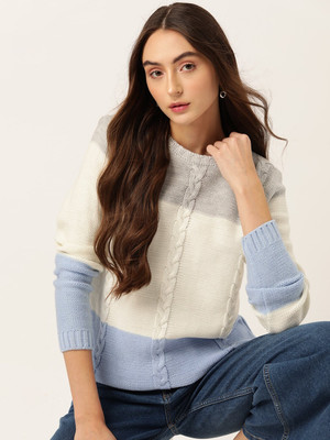 Dressberry Colorblock Round Neck Casual Women White Sweater