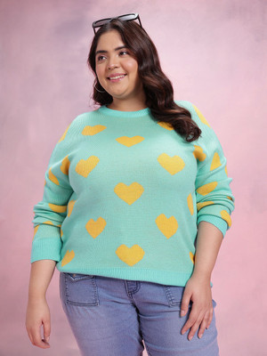 DressBerry Curve Woven Round Neck Casual Women Green Sweater