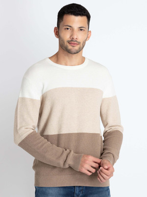 Status Quo Colorblock Boat Neck Casual Men Beige, White Sweater
