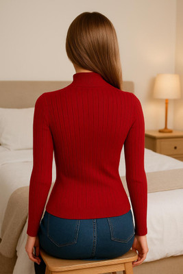 SKG Printed High Neck Casual Women Red Sweater