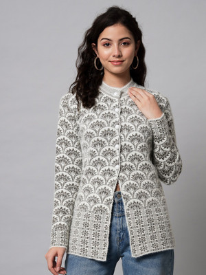 eWools Printed Round Neck Party Women White Sweater