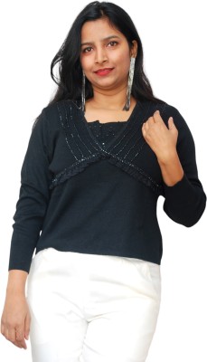 Preety World Embellished V Neck Casual Women Blue Sweater