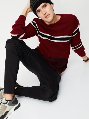 MAX Woven Round Neck Casual Men Red Sweater