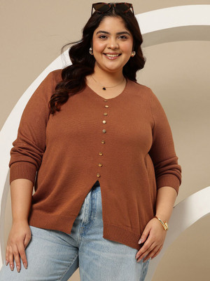 Sztori Solid V Neck Casual Women Brown Sweater