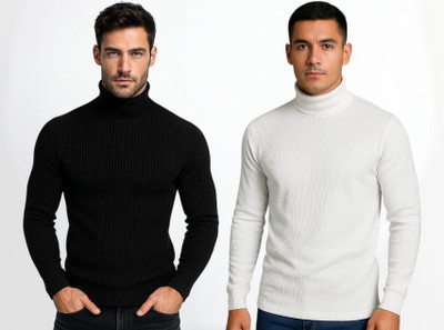 Lionlook Solid High Neck Casual Men Black, White Sweater