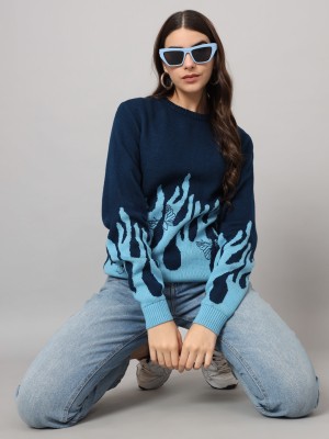 THE DRY STATE Woven Round Neck Casual Women Blue, Light Blue Sweater