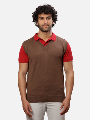 Raymond Solid V Neck Casual Men Brown Sweater