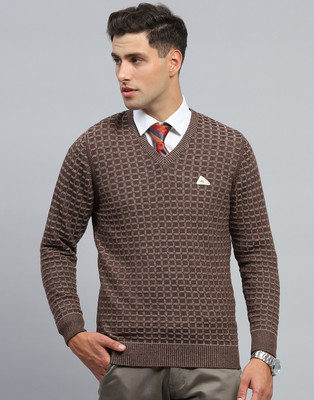 MONTE CARLO Checkered V Neck Casual Men Brown Sweater