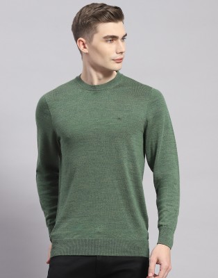 MONTE CARLO Solid Round Neck Casual Men Green Sweater