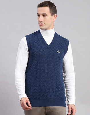 MONTE CARLO Self Design V Neck Casual Men Blue Sweater
