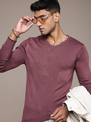 Roadster Solid V Neck Casual Men Brown Sweater