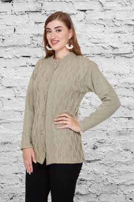 Biwu Self Design Round Neck Casual Women Green Sweater
