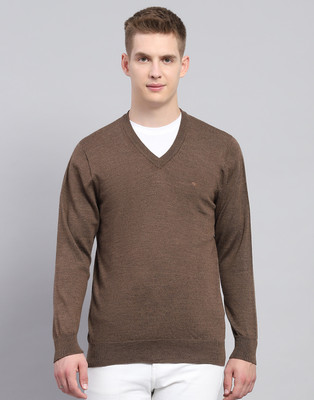 MONTE CARLO Solid V Neck Casual Men Brown Sweater