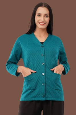 urban rock Solid V Neck Casual Women Green Sweater