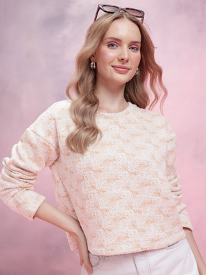 Dressberry Printed Round Neck Casual Women White Sweater