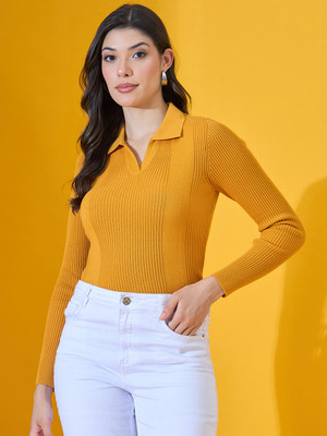 98 Degree North Self Design Collared Neck Casual Women Gold Sweater