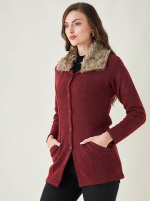 Pivl Self Design Collared Neck Casual Women Maroon Sweater