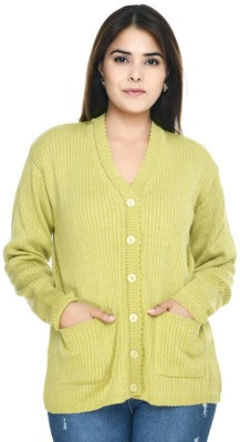 manra Solid V Neck Casual Women Green Sweater