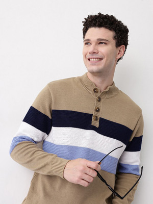 Mast & Harbour Striped Collared Neck Casual Men Brown Sweater